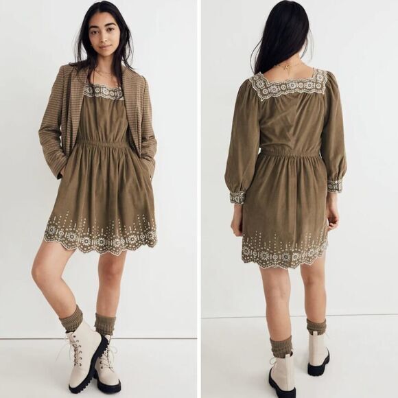 New! Madewell Embroidered Corduroy Square-Neck Mini Dress,‎ size M - Picture 1 of 16